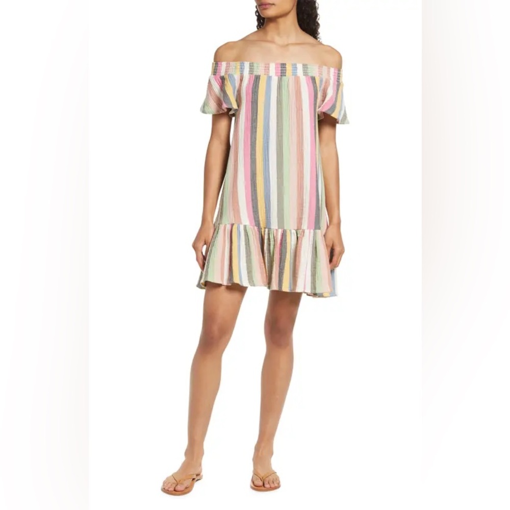 Marine Layer Shirley Mini Dress Rainbow Striped Off The Shoulder Size L Multi